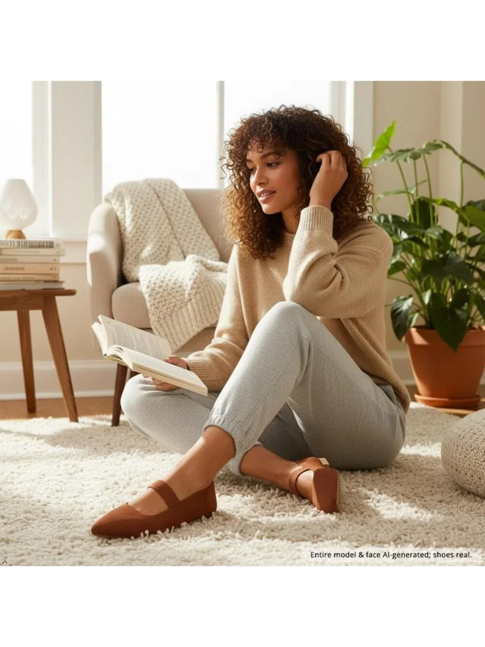 Women All Brown Comfortable Pointed Toe Knit Foldable Slip On Ballet Flat Shoes